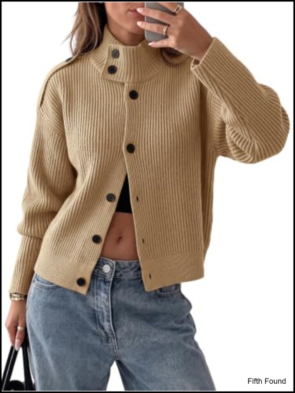 Chunky Knit Button Down Cardigan Mock Neck Long Sleeve Sweater Jacket
